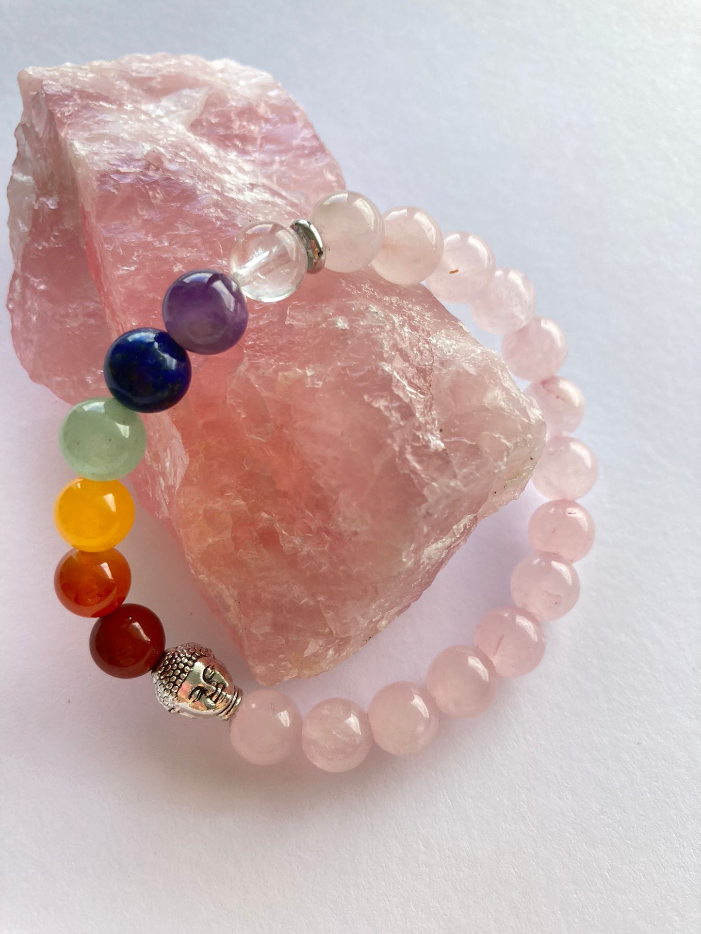 Pulseira de Chakras e Quartzo Rosa